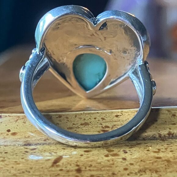 Natural Royston Turquoise Sterling Silver Heart Ring Size 8 - Picture 5 of 9